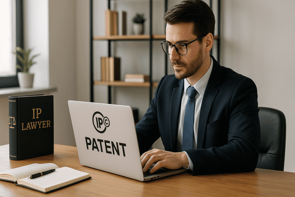 An IP Lawer Filing Patent on his Laptop in his Office