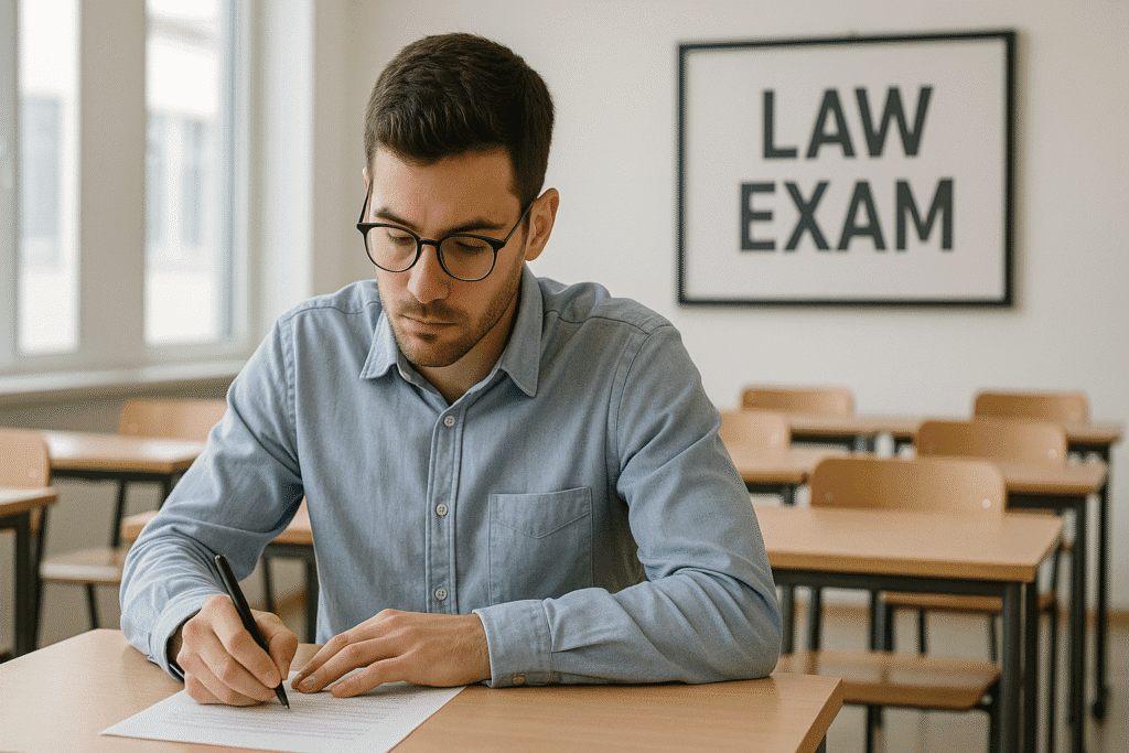 ALaw Student Taking Exam in a Classroom , with LAW EXAM Written in Background
