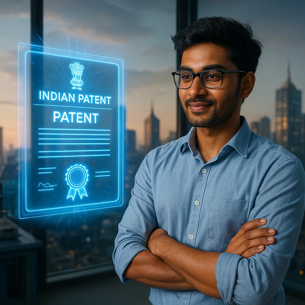 A young Indian inventor showcasing a glowing 3D hologram of a patent certificate in front of a futuristic lab.