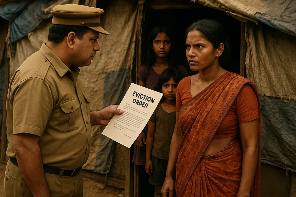 A police officer with Order of Eviction in a slum