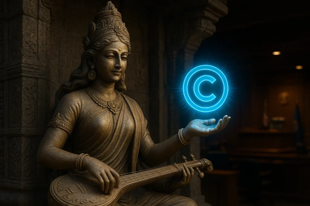 Statue of Goddess Saraswati holding a glowing copyright symbol instead of a veena.