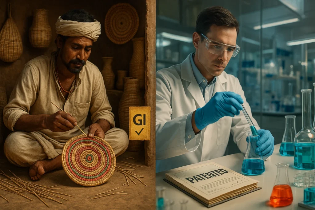 Two parallel lanes — one of a tribal artisan crafting a GI-tagged handicraft, the other of a scientist in a lab working on a patented formula.