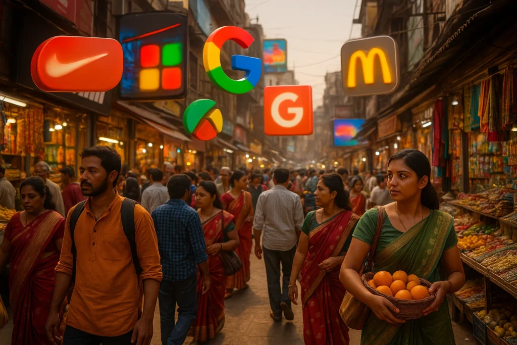 A bustling Indian market where familiar brands (patented logos blurred for IP safety) hover in 3D above shops.