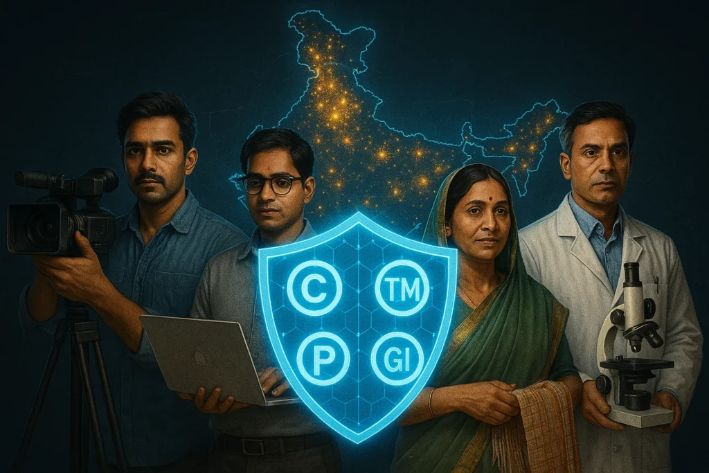 A digital shield of Intellectual Property Law with symbols of copyright, trademark, patent, and GI icons protecting a group of Indian creators filmmakers, coders, weavers, scientists.