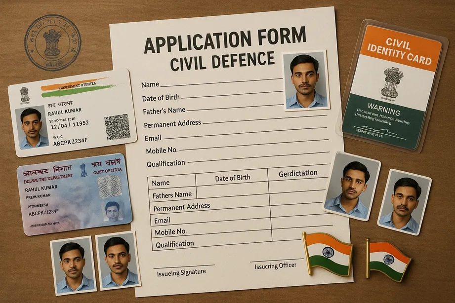 Flat lay of realistic Indian documents: Aadhaar card, PAN card, photos, and a completed application form on a table with an Indian flag badge.