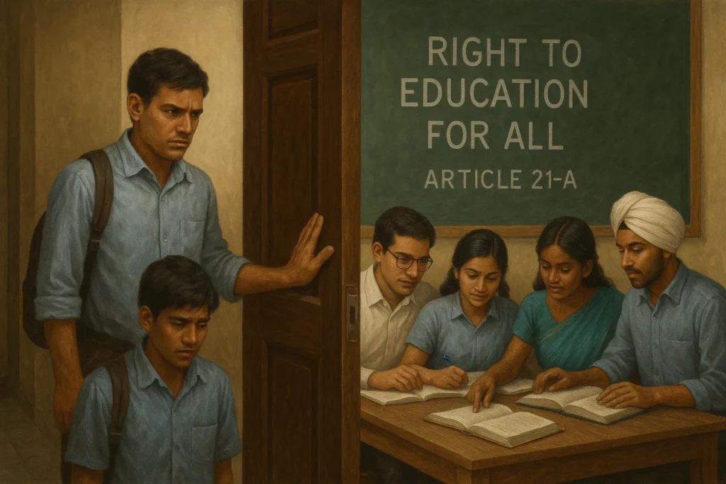 A split-frame image: one side shows a Dalit student being excluded from a classroom, the other side shows an inclusive classroom with a diverse group of students studying together.