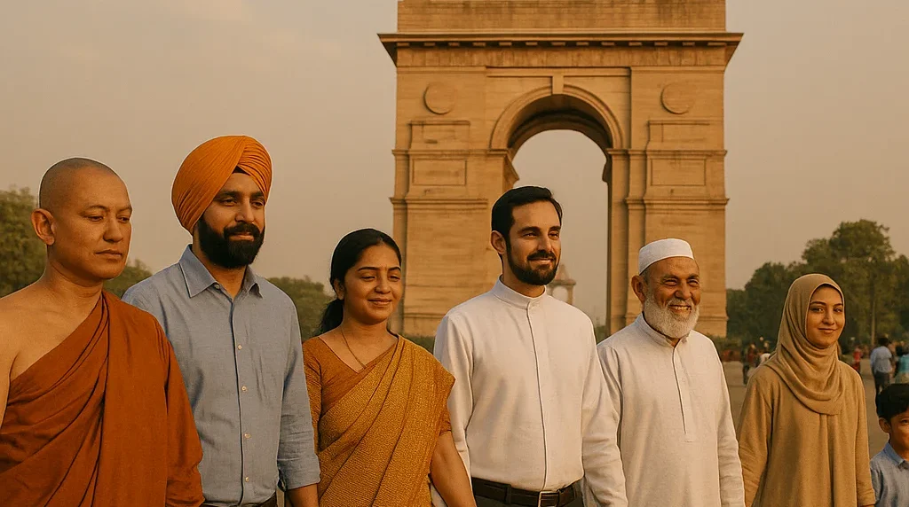 People from different faiths forming a human chain in front of India Gate