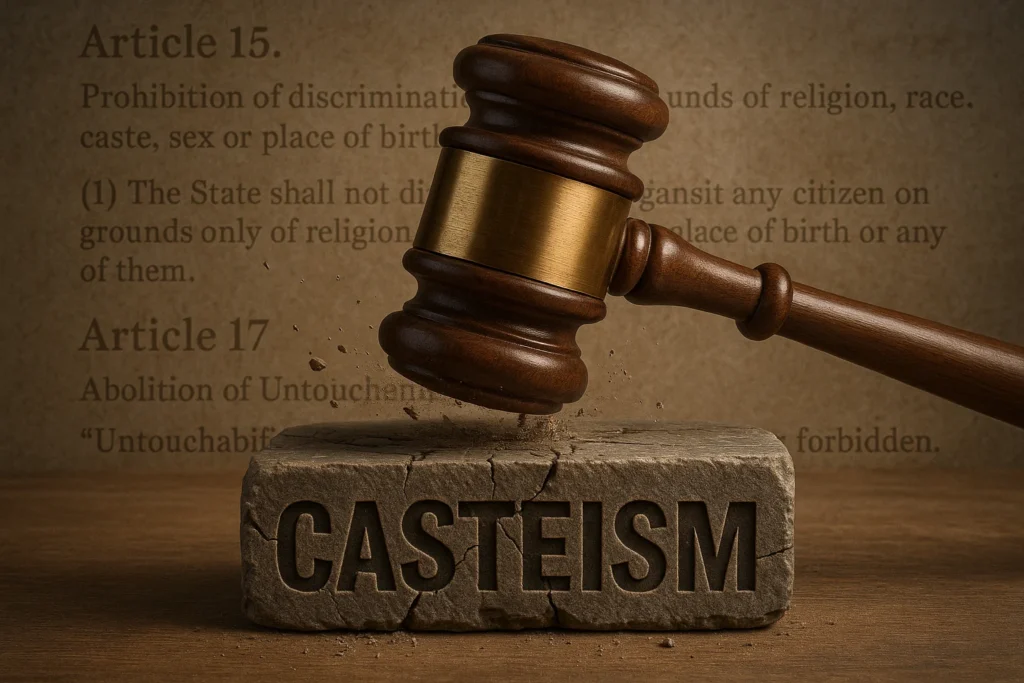 A realistic gavel smashing down on the word “Casteism” carved into a stone slab.
