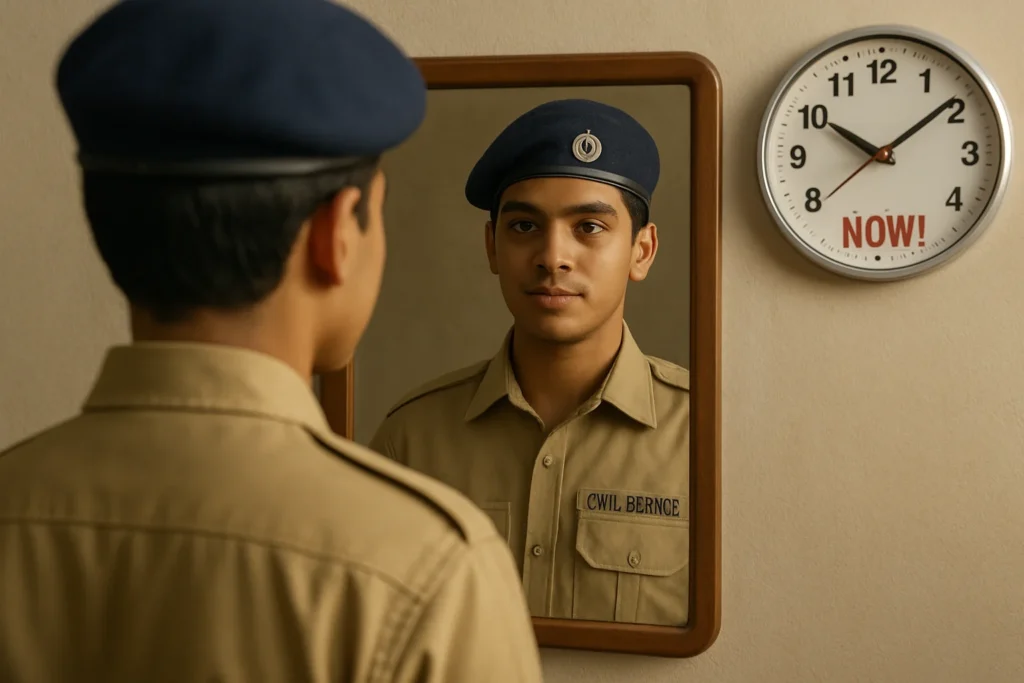Visual of a young person looking into the mirror wearing the Civil Defence uniform, symbolizing pride and purpose.