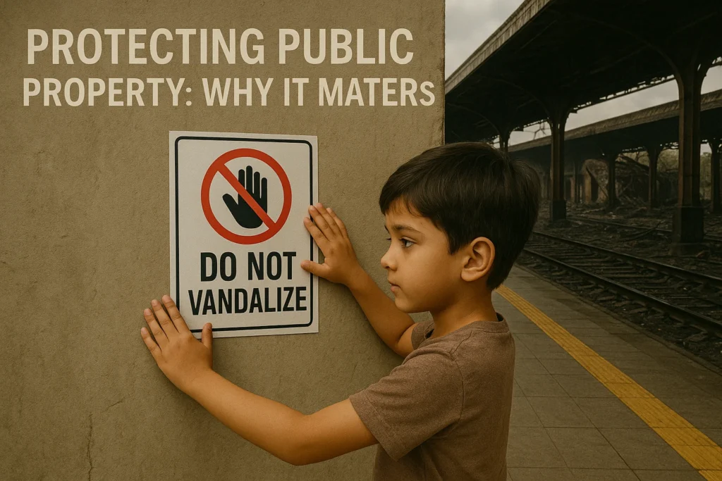 A child placing a “Do Not Vandalize” sign on a wall with a backdrop of a clean railway station and a scorched one.