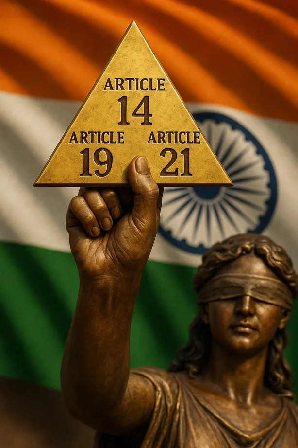  hand of Lady Justice holding a golden triangle of constitution, each corner etched with Article 14, 19, 21.