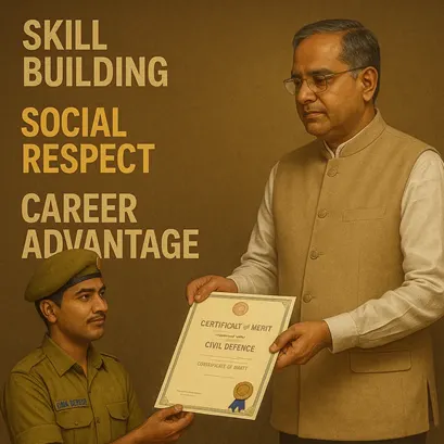 Civil Defence volunteer receiving a certificate of merit or medal from a government official.