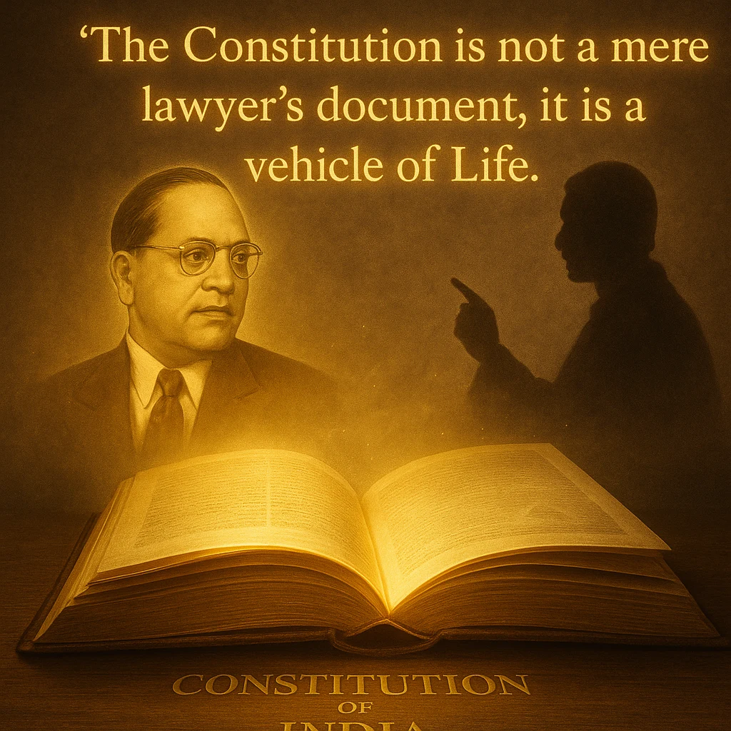 A holographic image of Dr. B.R. Ambedkar and a Supreme Court judge silhouette debating in the background.