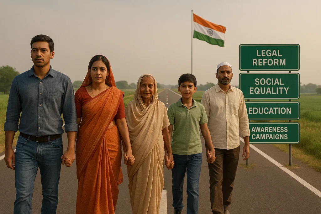 A roadmap or highway stretching forward with milestones labeled “Legal Reform,” “Social Equality,” “Education,” and “Awareness Campaigns.”