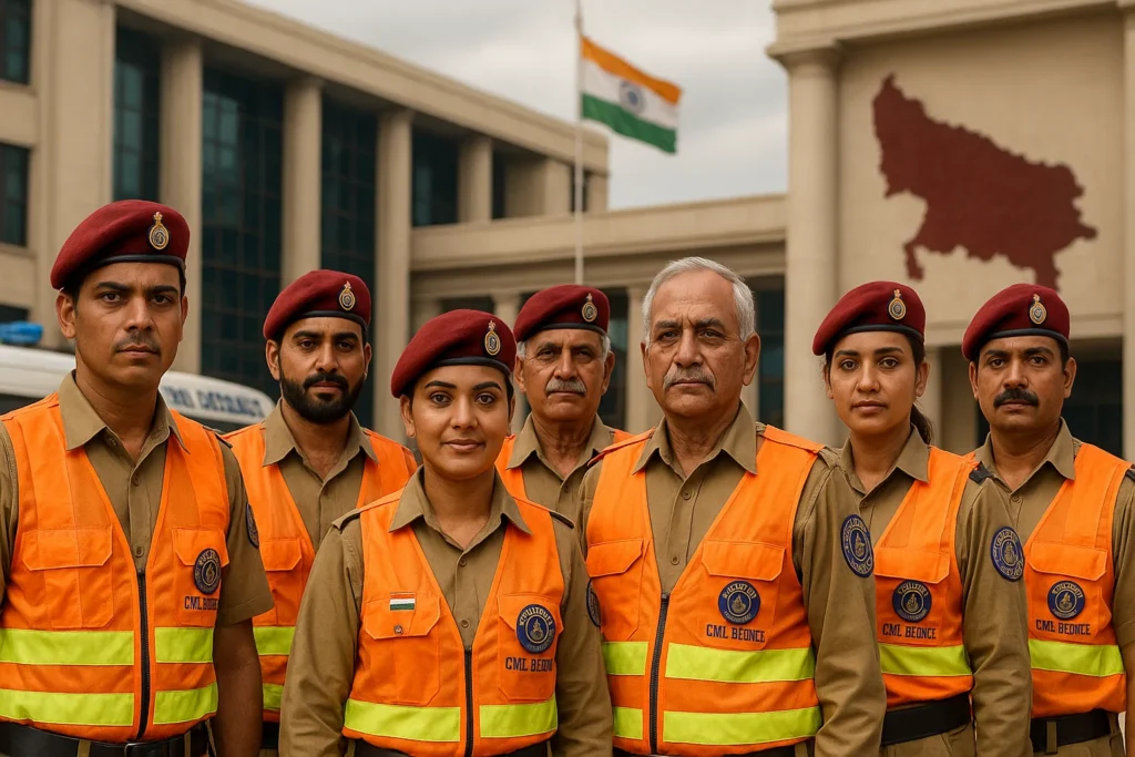 A diverse group of Civil Defence volunteers in uniform, standing confidently in front of a government building or disaster-response scene.