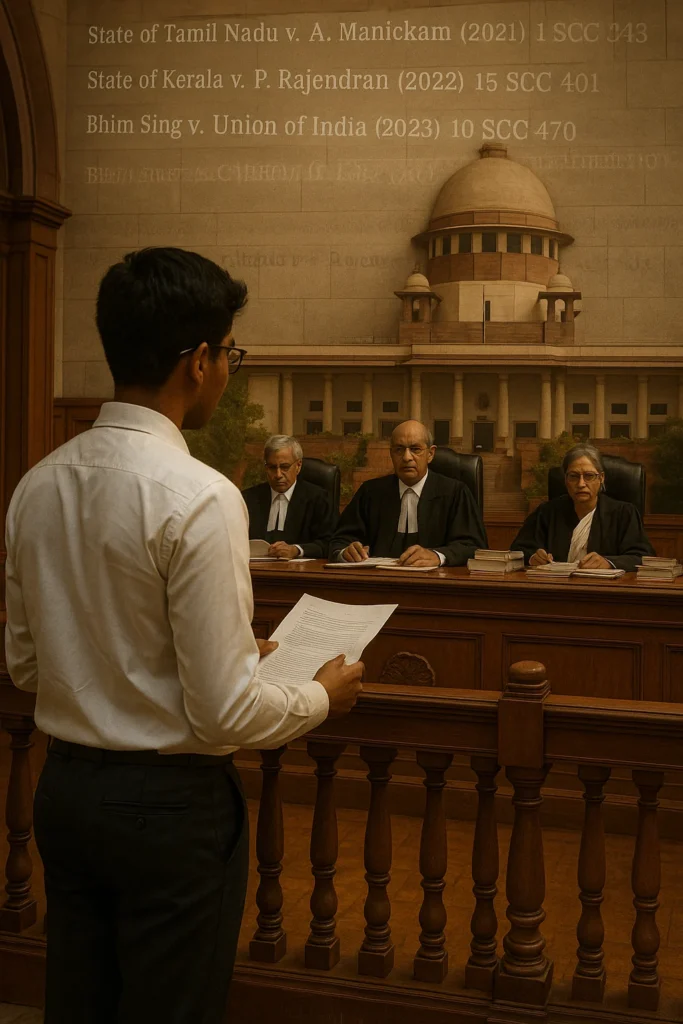 A courtroom scene with Supreme Court judges in action, and in the foreground, a Dalit student or citizen presenting a legal brief.