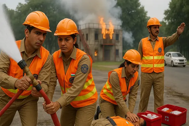 Civil Defence recruits in training drills or first aid workshops, wearing reflective vests and helmets.