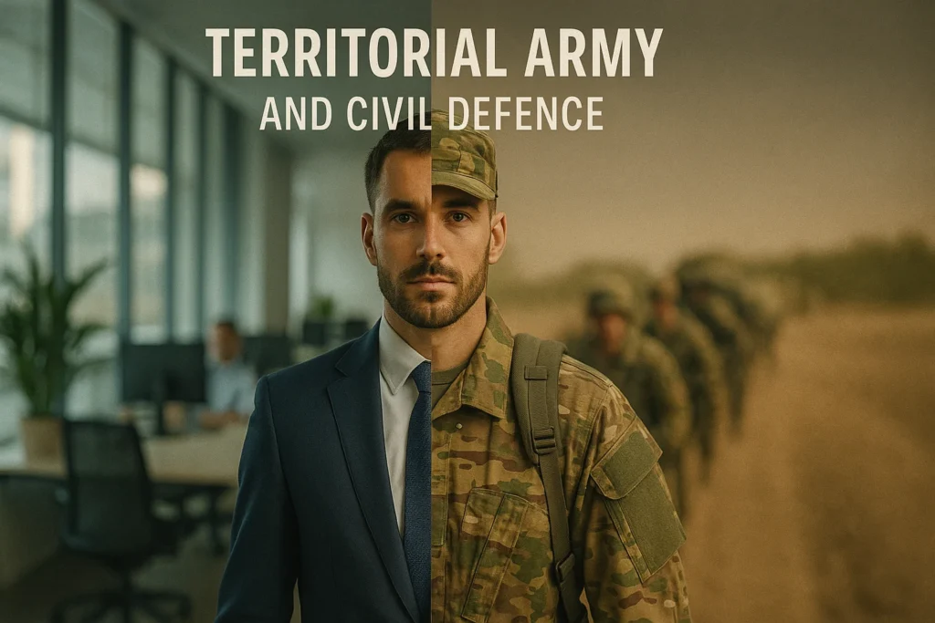 A civilian in a corporate outfit transitioning into Territorial Army uniform (morphing mid-frame).