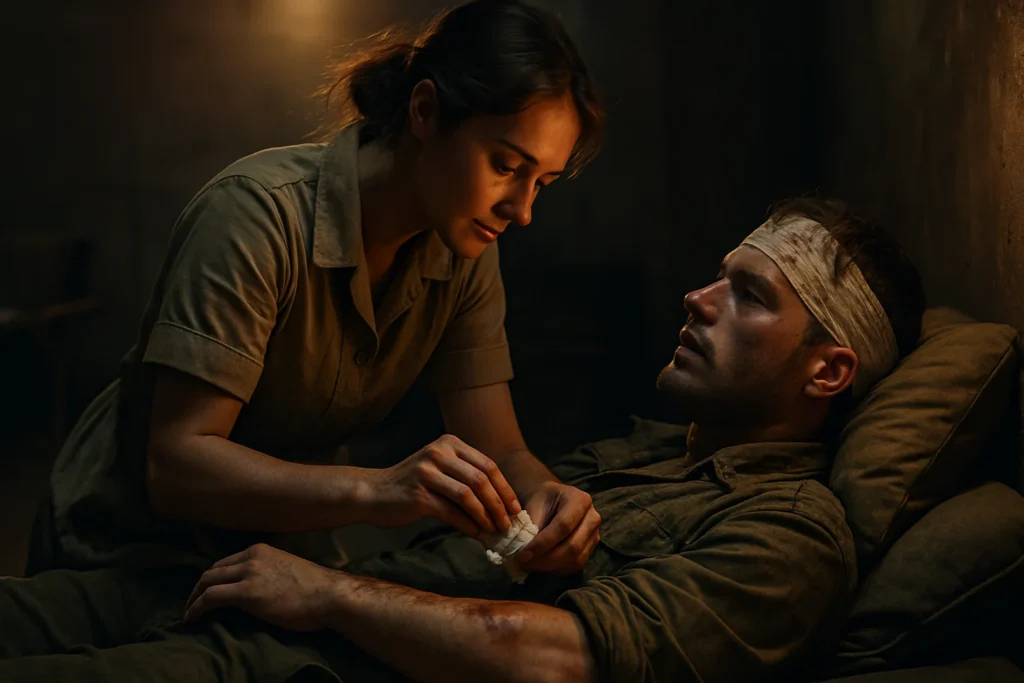 First Aid being given to a Solider by a Civilian