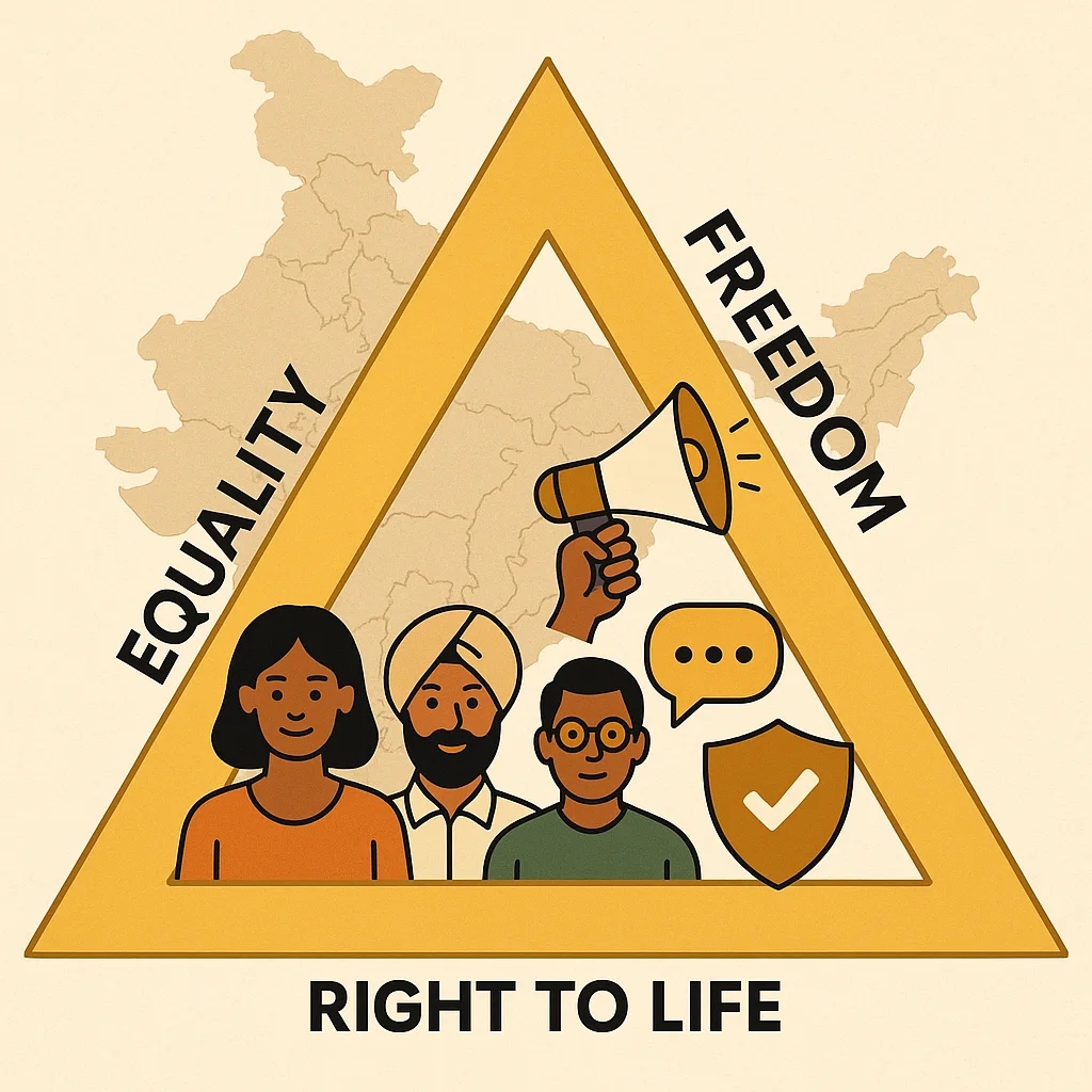 Golden triangle of constitution showing Equality, Freedom and Right to Life