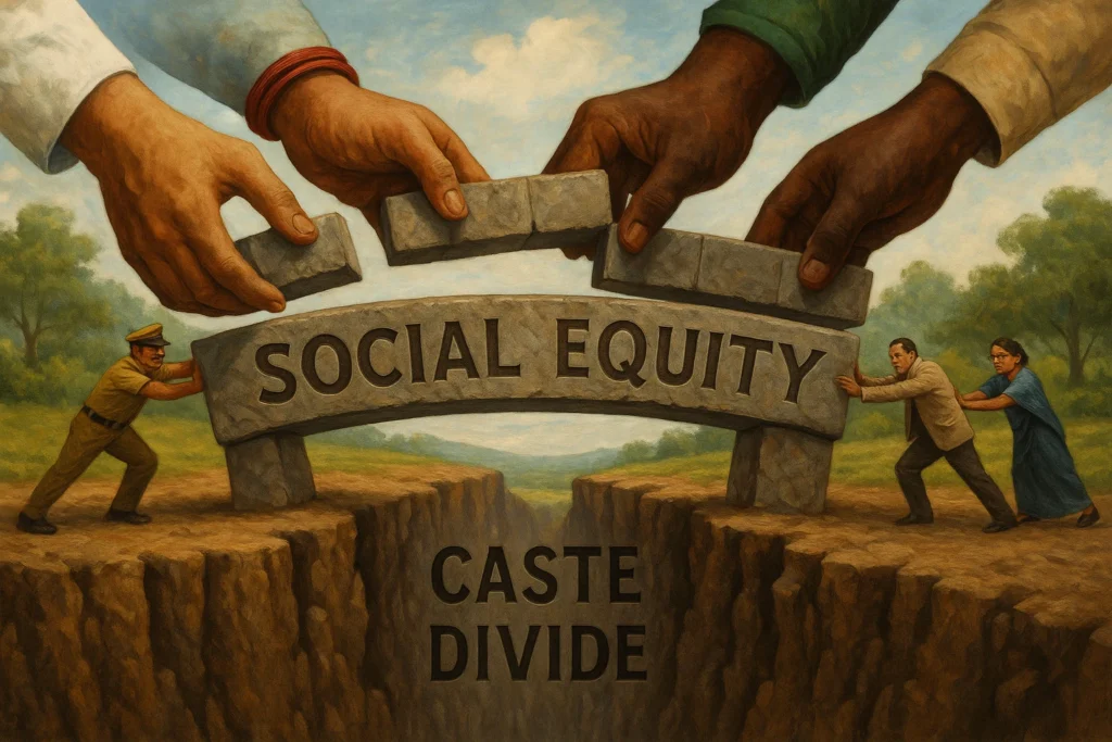 A symbolic image of hands from different castes (visually identifiable) building a bridge labeled “Social Equity” over a chasm named “Caste Divide.”