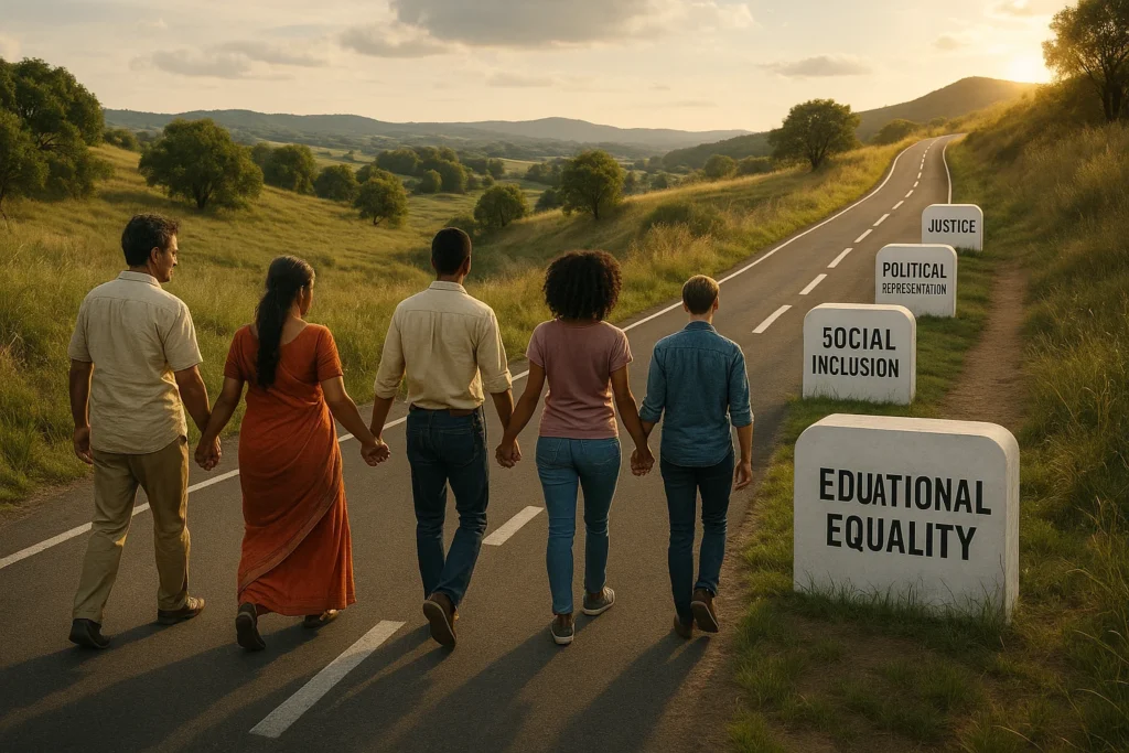 A winding road with milestones: “Legal Reform”, “Social Inclusion”, “Educational Equality”, “Political Representation”, ending in “Justice”.
