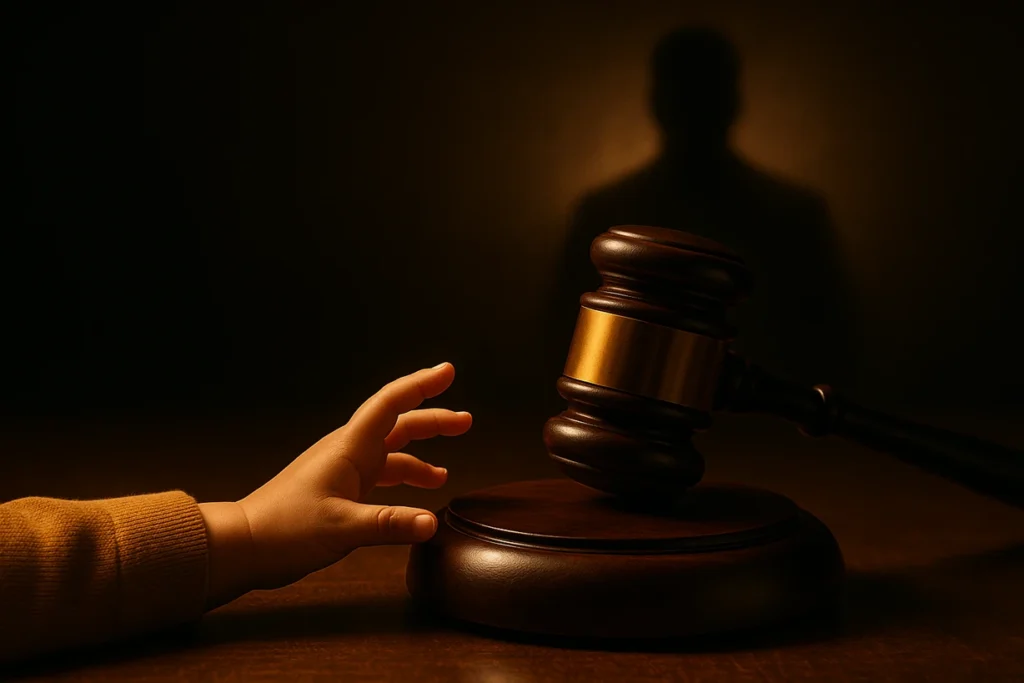 A symbolic close-up of a child’s hand reaching toward a gavel placed under warm courtroom lighting. In the background, a shadowy figure (not detailed) implies both threat and justice. POCSO Act