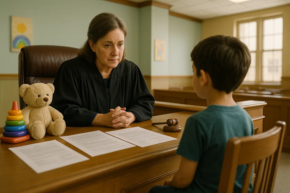 A child-friendly courtroom: soft colors, toys on the bench corner, and a judge listening empathetically, while legal documents are laid out.