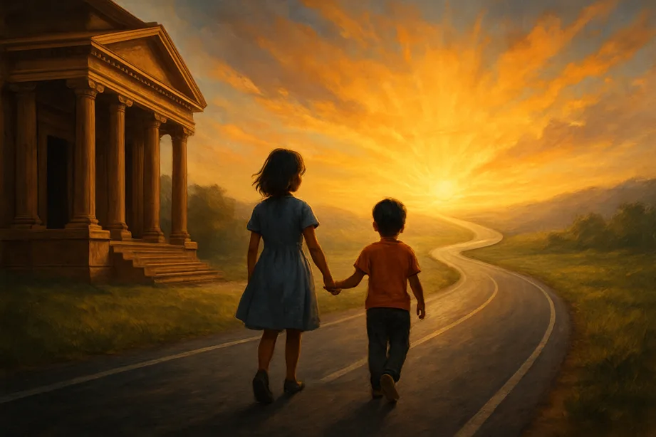 A winding road emerging from a courtroom, leading toward a bright sunrise with children walking toward it hand-in-hand.