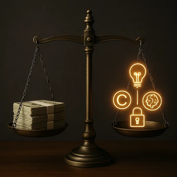 A scale balancing two sides: a stack of cash on one side and glowing IP assets on the other, showing they weigh equally.