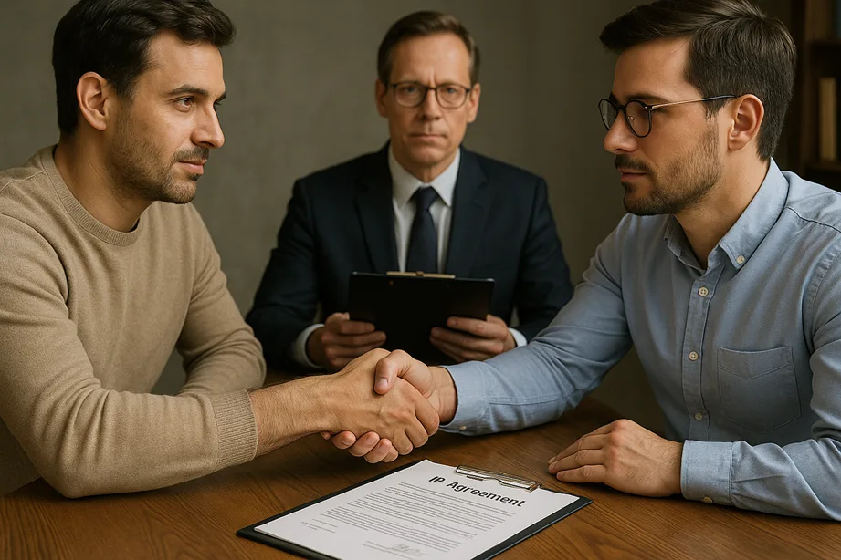 Two co-founders shaking hands over a signed IP agreement contract, with a lawyer overseeing the process.
