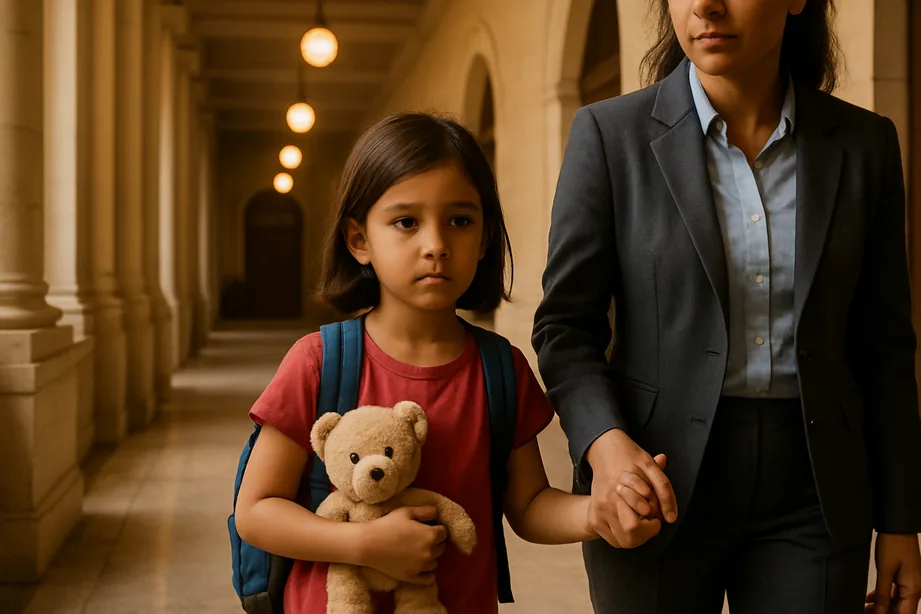 A child being accompanied by a support person through a courtroom hallway, hand gently held, under bright comforting lights.