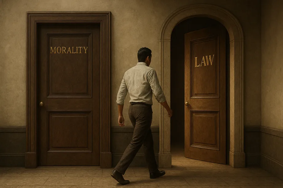 Two symbolic doors — one labeled “Morality,” another “Law,” with a person walking past the Morality door into the Law chamber.