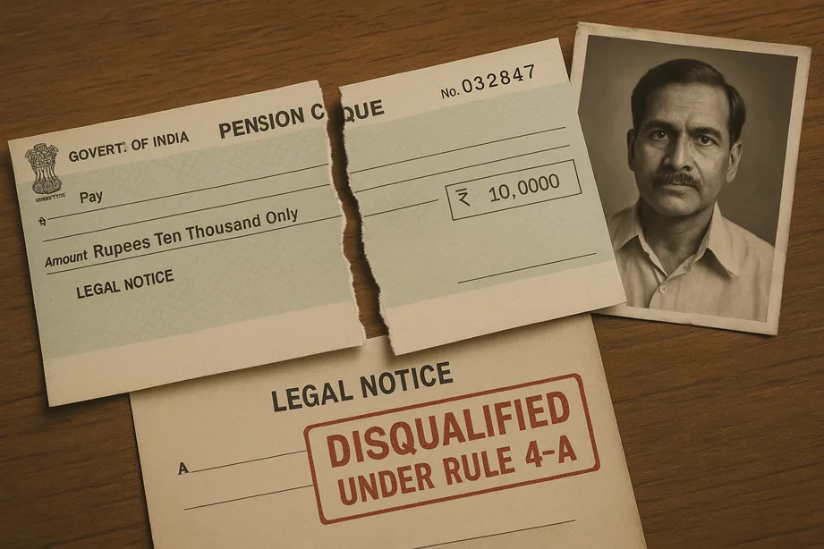 A pension cheque torn in half, with a legal notice stamped “Disqualified under Rule 4-A”, and a black-and-white photo of the deceased husband behind it.