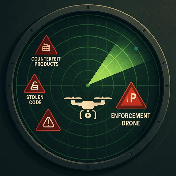 A digital radar screen highlighting IP threats (like counterfeit products, stolen code) with an enforcement drone symbol taking action.