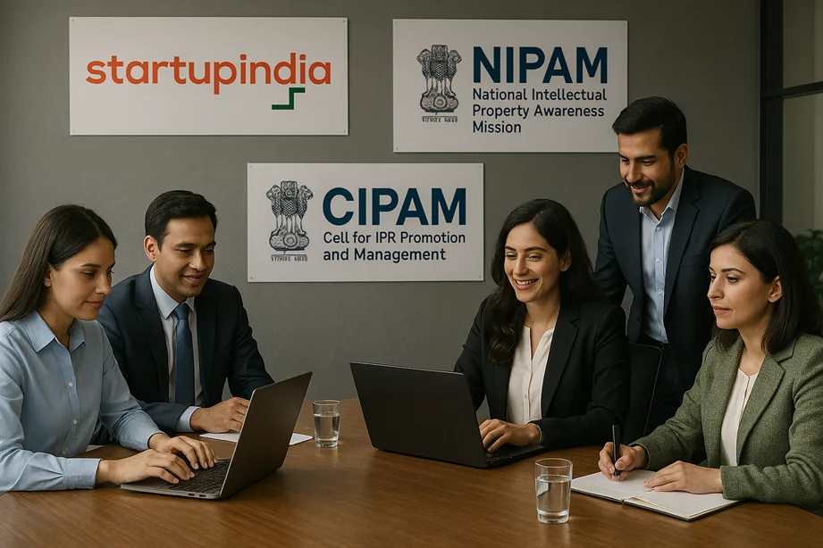 A digital boardroom where government and startup stakeholders collaborate, with banners/logos of Startup India, NIPAM, and CIPAM in the background.