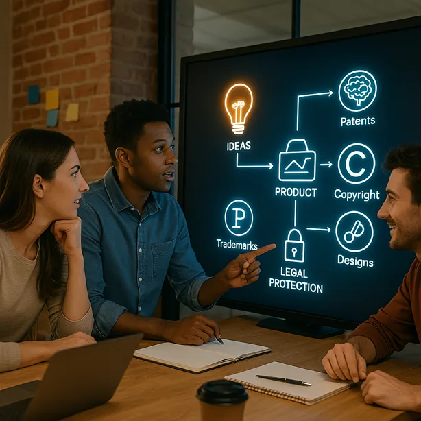 A startup team brainstorming ideas around a large digital screen showing a schematic diagram linking ideas → product → IP types → legal protection.