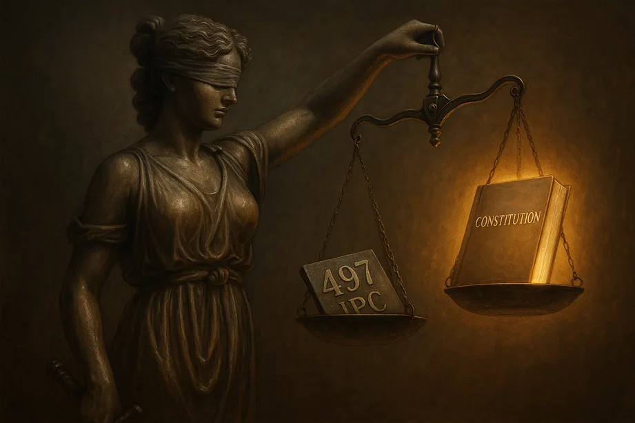 Lady Justice rebalancing her scales, with “497 IPC” sliding off one side, and a glowing Constitution rising on the other.