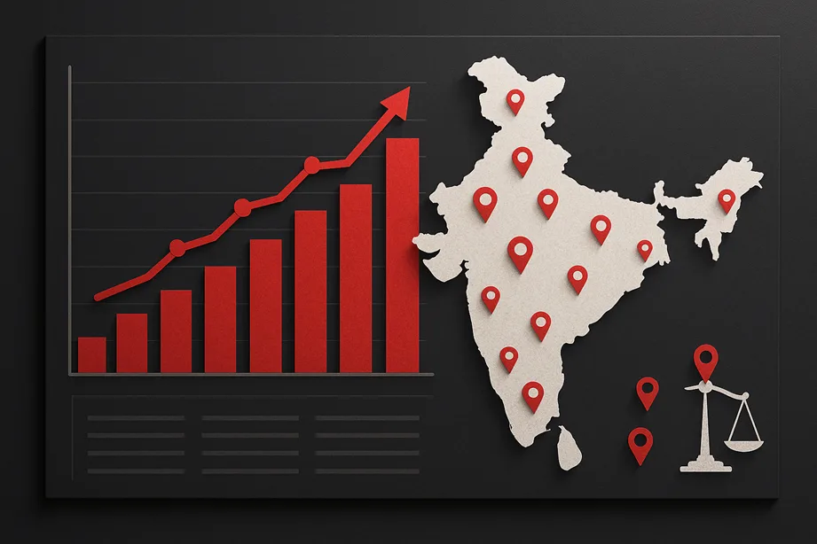 A digital infographic board with red-highlighted growing bar graphs and pinpoints across India, showing upward trend of child abuse cases.