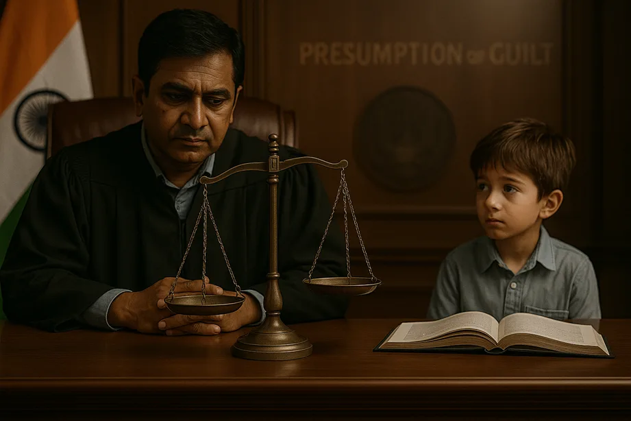 A courtroom visual where the presiding judge’s scale tips slightly toward a child’s side with “Presumption of Guilt” faintly inscribed.