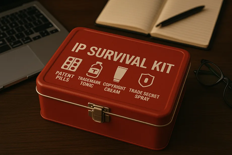 A metaphorical "IP First Aid Kit" or "Survival Kit" lying on a startup founder’s desk, labeled with items like Patent Pills, Trademark Tonic, Copyright Cream, etc.