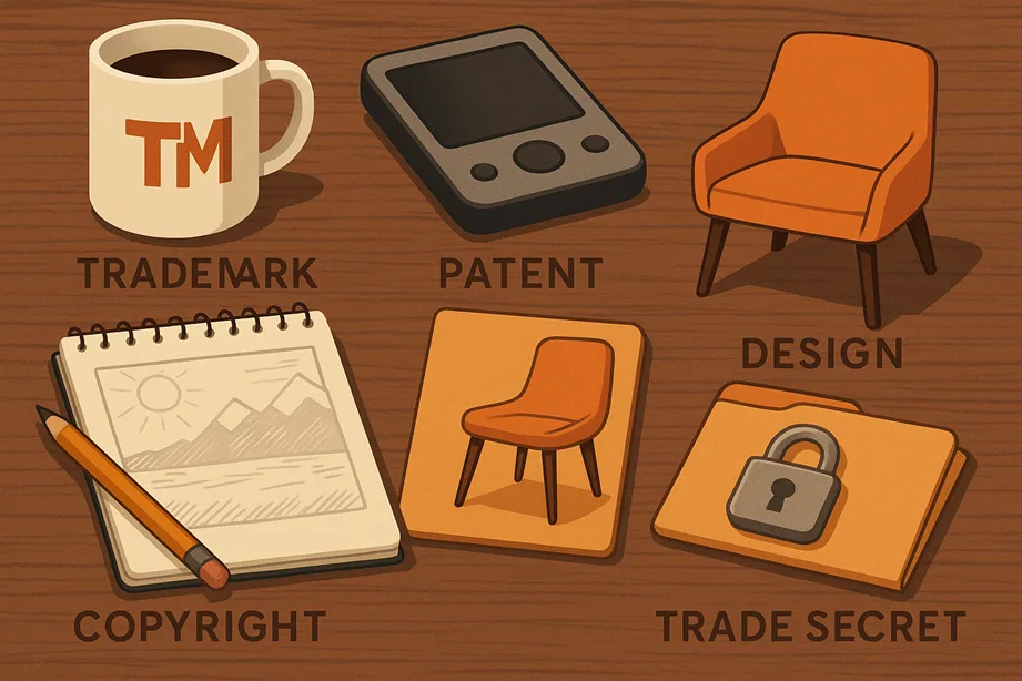 An infographic-style flat-lay desk image with items symbolizing each IP