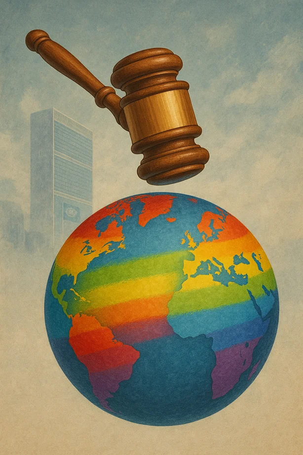 A judge’s gavel floating above a globe, with LGBTQ+ flag blending across continents — global landmarks like the UN building subtly in the mist.