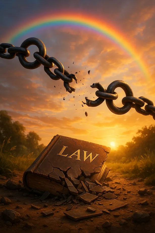 A symbolic image of shackles breaking under a rainbow sky, with an old colonial-era law book shattered beneath. The environment is bathed in morning light — symbolizing a new dawn.