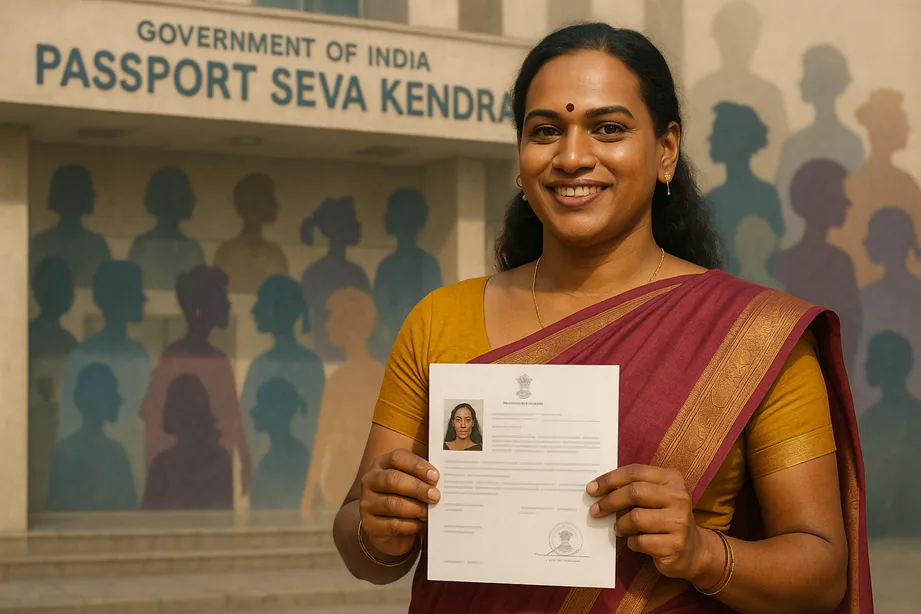 A transgender person standing proud in front of a government building (like a Passport Seva Kendra or polling booth), holding official documents. Silhouettes of diverse gender identities blend in the background.