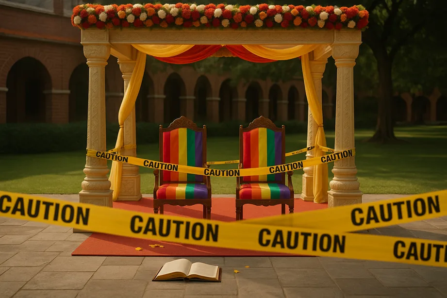 A wedding mandap with two chairs draped in rainbow-colored cloth, empty and roped off by legal caution tape.