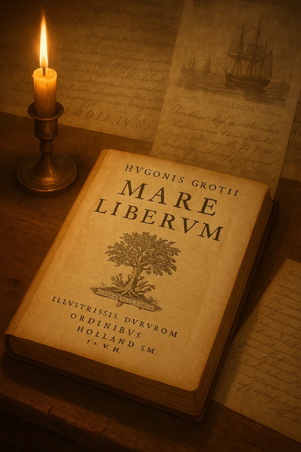 A layered image showing Grotius’s "Mare Liberum" open on a desk, with ghosted overlays of letters, treaties, and a ship's log, all lit by a golden candle glow.