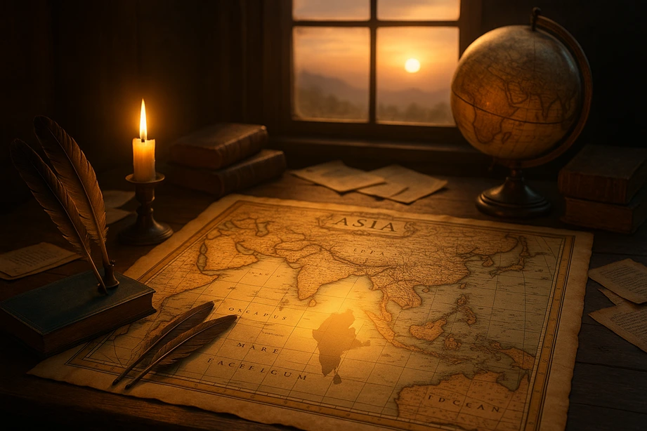 A Dutch parchment map of 17th-century Asia spread across a candle-lit scholar's desk, with quills, a globe, and a faint silhouette of India illuminated by sunrise.