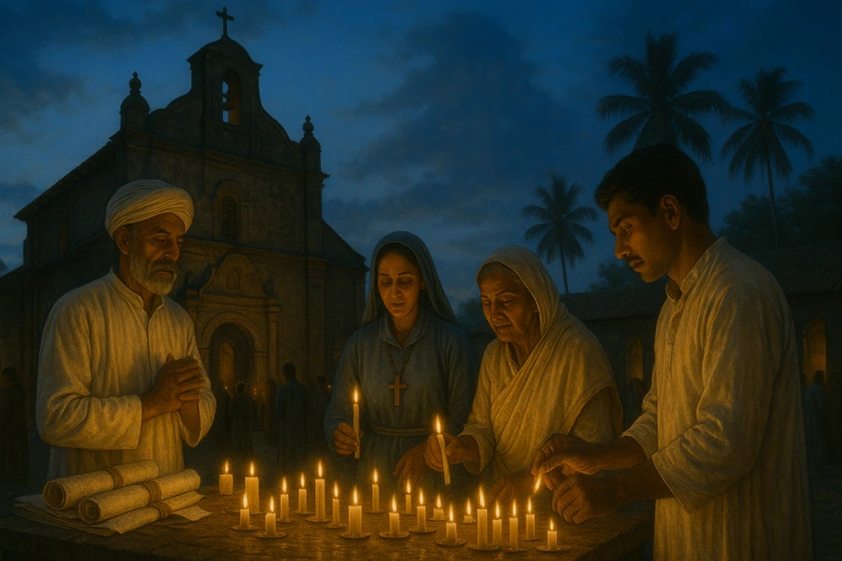 An old church in Kerala or Goa at twilight, with candlelight prayers by Indian Christians — historical attire, peaceful ambiance, blending East and West.