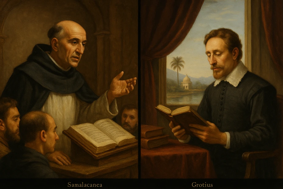 A split-scene: one side showing a monk (Vitoria) teaching in Salamanca; the other, Grotius reading in a European study, with an Indian landscape visible through the window.